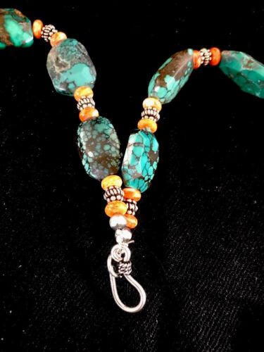 Navajo Green Turquoise Spiny Oyster Bead Necklace | Sterling Silver | Southwestern Handmade | 22" | 3221