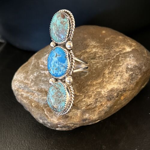 Navajo Blue Kingman Turquoise Cluster Ring | Authentic Native American Sterling Silver | Multi-Stone | Sz 8.5 | 14492