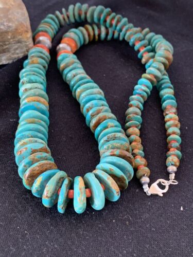 Navajo Sterling Silver Necklace | Natural Green Turquoise & Spiny Oyster | Graduated | Authentic Native American | 28" | 00328