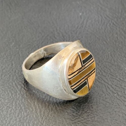 Men's Navajo Black Onyx & Tigers Eye Inlay Sterling Silver Ring | Sz 10 | Handmade Jewelry | 10730