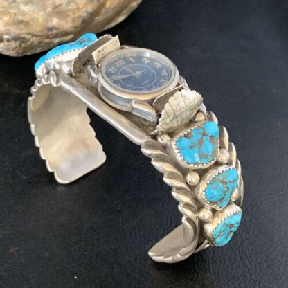 Navajo Sterling Silver Watch Cuff Bracelet | Blue Kingman Turquoise | Authentic Native American Jewelry | 13711