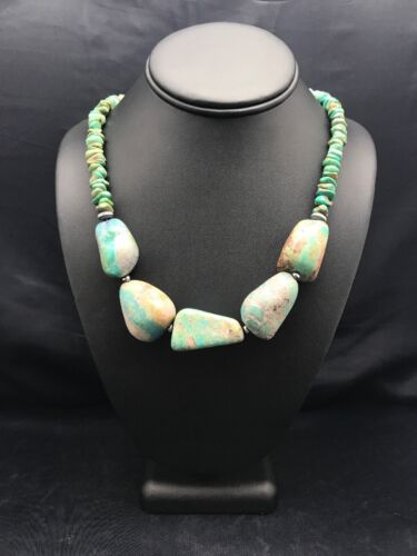 Navajo Chunky Green Nugget Turquoise Necklace | Sterling Silver | 23" | Authentic Native American Handmade | 3215