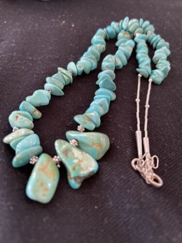 Navajo Blue Turquoise Nugget Beads Necklace | Sterling Silver | Authentic Native American Handmade | 22" | 01345