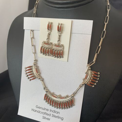 Zuni Coral Sterling Silver Petite Point Needle Necklace Pendant Earrings Set | Authentic Native American Handmade | 11909