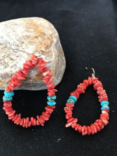 Navajo Sterling Silver Turquoise Spiny Oyster Earrings | 2" | Authentic Native American Handmade | 2038