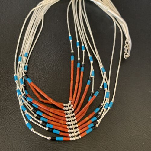 Multi-Color Liquid Silver Heishi Necklace | 10 Strand Sterling Tubes | Native American Handmade | 12300