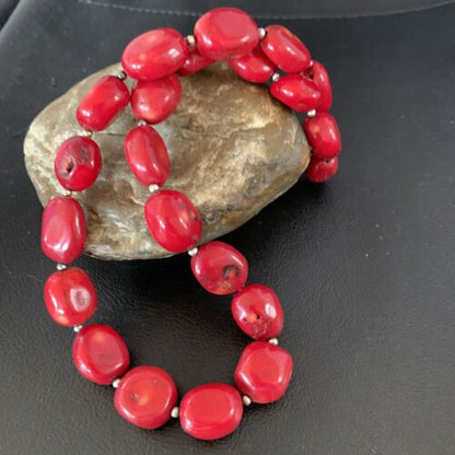 Native American Navajo Red Coral Bead Necklace | Sterling Silver | 18" | 13408 - Masha USA