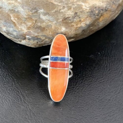 Navajo Red Spiny Oyster Lapis Inlay Ring | Sterling Silver | Sz 5 | Authentic Native American Handmade | 11584