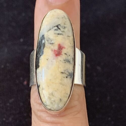 Southwestern Navajo Cinnabrite Ring | White Black | Sterling Silver | Sz 6.5 | 01548