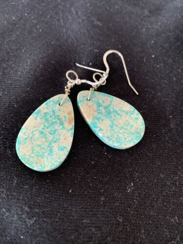 Navajo Slab Turquoise Dangle Earrings | Sterling Silver | Authentic Native American Handmade | 1356