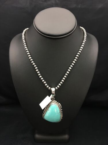 Men's Blue Turquoise Pendant | Navajo Pearls Sterling Silver Necklace | Authentic Native American Handmade | 3915