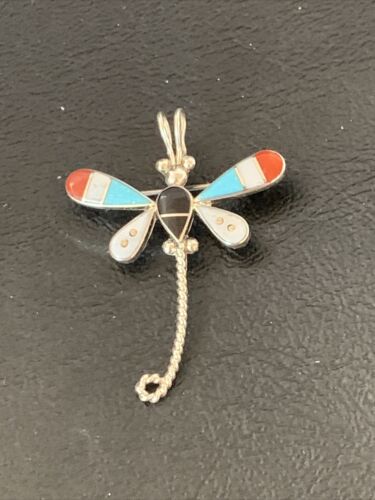 Zuni Turquoise White Mother of Pearl Inlay Dragonfly Necklace Pin Pendant | Sterling Silver | 12326