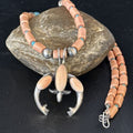 Navajo Pink Coral & Blue Turquoise Necklace with Naja Pendant | Sterling Silver | Native American Handmade | 14813