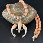 Navajo Pink Coral & Blue Turquoise Necklace with Naja Pendant | Sterling Silver | Native American Handmade | 14813