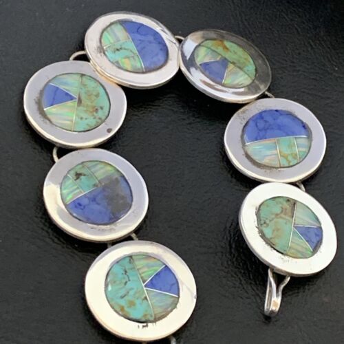 Navajo Opal Turquoise Blue Lapis Inlay Link Bracelet | Sterling Silver | 8" | Authentic Native American Handmade | 12654