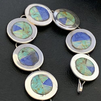 Navajo Opal Turquoise Blue Lapis Inlay Link Bracelet | Sterling Silver | 8" | Authentic Native American Handmade | 12654