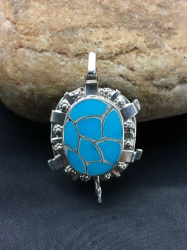 Southwestern Turquoise Zuni Turtle Pin Pendant | Sterling Silver | Native American Handmade | 2806