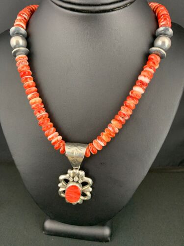 Navajo Red Spiny Oyster Pendant Necklace | Sterling Silver | Authentic Native American Handmade | 4783