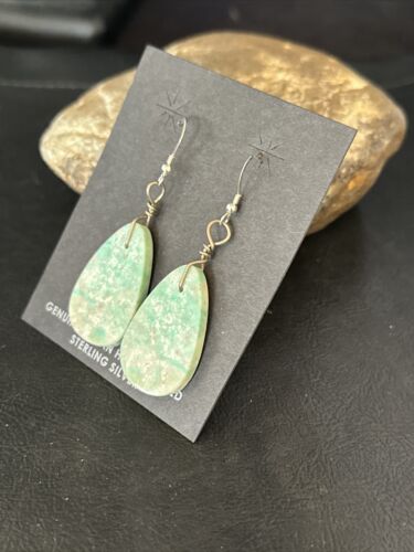 Southwestern Navajo Slab Turquoise Dangle Earrings | Sterling Silver | Authentic Native American Handmade | 01354