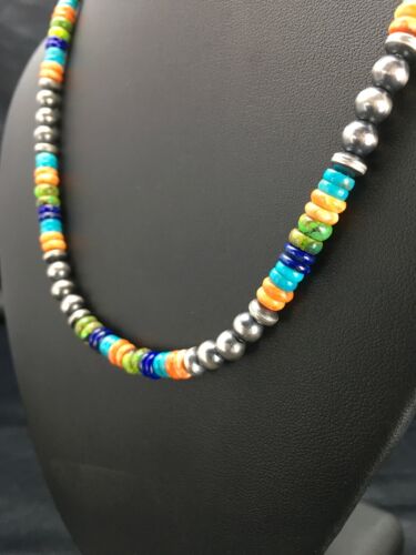 Southwestern Turquoise Spiny Oyster Lapis Necklace & Bracelet Set | Sterling Silver | 18" | Authentic Native American Handmade