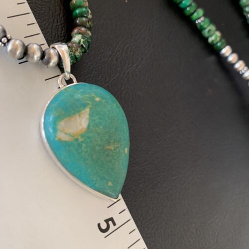 Navajo Green Turquoise Pendant Necklace | Sterling Silver Beads | Authentic Native American Handmade | 13367