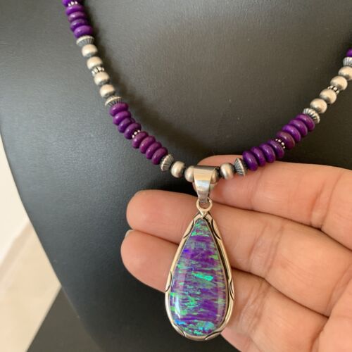 Navajo Purple Sugilite Necklace with Faux Opal Pendant | Sterling Silver | Authentic Native American Handmade | 01916