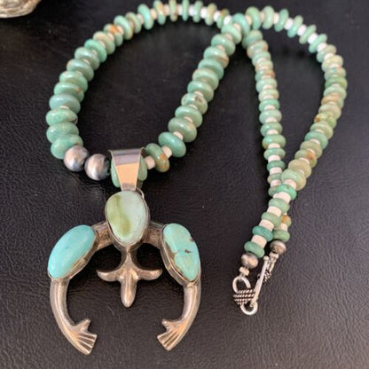 Navajo Royston Green Turquoise Naja Pendant Necklace | Sterling Silver | Authentic Native American Handmade | 13756