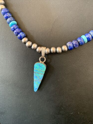 Men's Navajo Pendant | Blue Lapis Turquoise Opal Sterling Necklace 22" | 13385