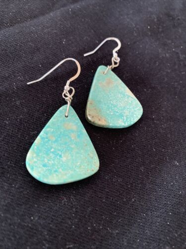 Southwestern Navajo Slab Turquoise Dangle Earrings | Sterling Silver | Authentic Native American Handmade | 1323