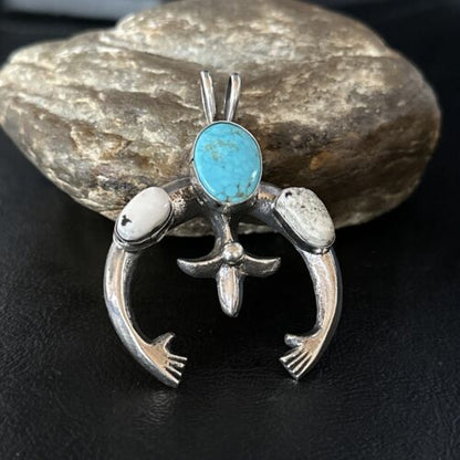 Navajo Blue Kingman Turquoise White Buffalo Naja Pendant | Sterling Silver | Authentic Native American Handmade | 14669 - Masha USA