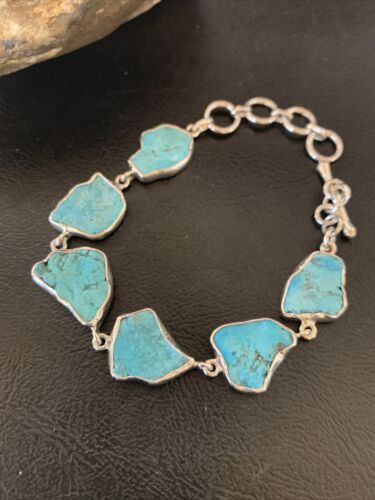 Navajo Blue Kingman Turquoise Rough Link Bracelet | Sterling Silver | 8" | 11652