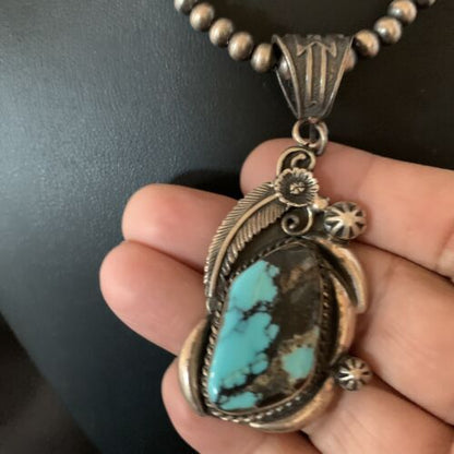 Navajo Pearl Necklace with Blue Spiderweb Turquoise Pendant | Sterling Silver | Native American Handmade | 13258