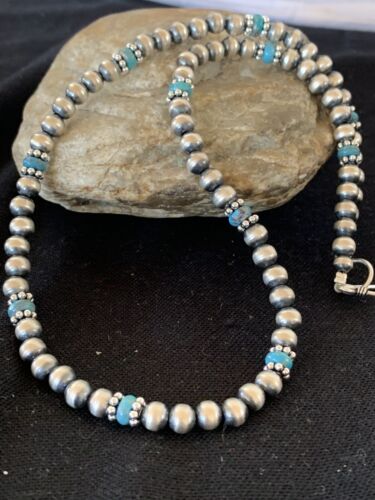 Authentic Native American Navajo Pearls Blue Turquoise Necklace | Sterling Silver Beads | Single Strand | 19" | 227