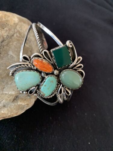Navajo Spiny Oyster Green Turquoise Cuff Bracelet | Sterling Silver | Authentic Native American Handmade | 342