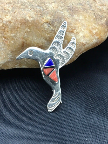 Navajo Spiny Oyster Lapis Hummingbird Pin | Sterling Silver | Authentic Native American Handmade | 2902