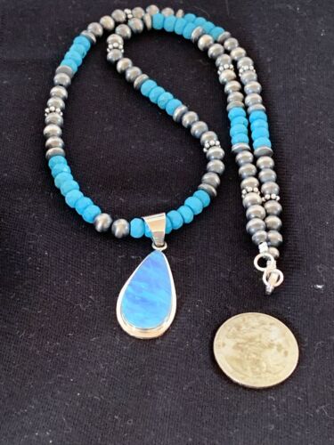 Navajo Blue Turquoise Necklace with Opal Pendant | Sterling Silver | Authentic Native American Handmade | 566