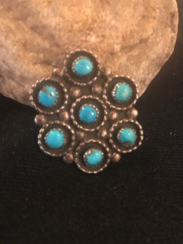 Native American Kingman Turquoise Cluster Pin | Navajo Sterling Silver | 8017