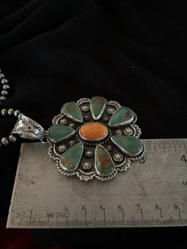 Navajo Spiny Oyster & Turquoise Cluster Pendant Necklace | Authentic Native American Sterling Silver | Multi-Stone | 01118