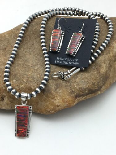 Navajo Red Opal Pendant Necklace & Earrings Set | Sterling Silver | Native American Handmade | 4402