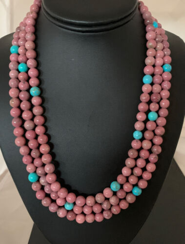 Navajo Turquoise Rhodochrosite Necklace | Sterling Silver | 3 Strand | Authentic Native American Handmade | 01993