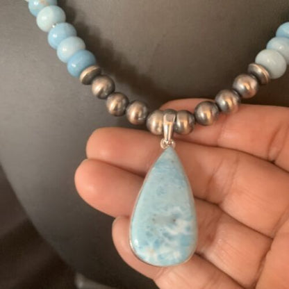 Navajo Men's Blue Larimar Pendant | 10mm | Sterling Silver | Natural Necklace | Authentic Native American | 14001