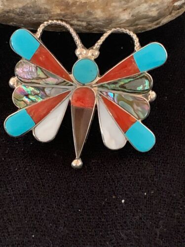 Zuni Butterfly Pin Pendant | Turquoise & Mother of Pearl | Sterling Silver | Authentic Native American Handmade | 4695 - Masha USA