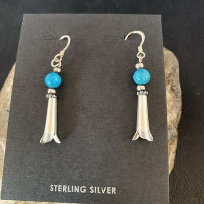 Women's Squash Blossom Dangle Earrings | Sterling Silver Blue Turquoise | 1.25" | 13019