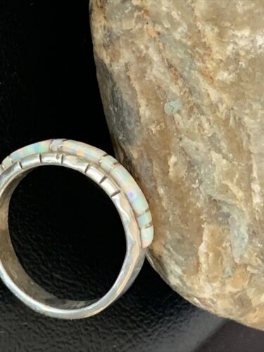 Navajo White Opal Inlay Ring | Sterling Silver | Sz 10.5 | Authentic Native American Handmade | Yazzie| 10618