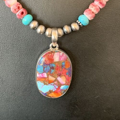 Navajo Pearl Sterling Silver Necklace with Turquoise and Purple Spiny Oyster Pendant | 13278