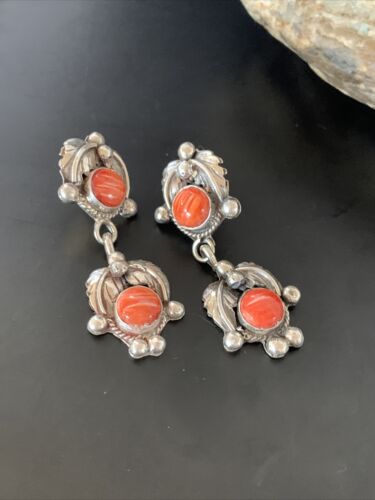 Native American Handmade Navajo Red Spiny Oyster Dangle Earrings | Sterling Silver | 2065