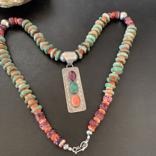Navajo Royston Turquoise & Red Spiny Oyster Necklace Pendant | Authentic Native American Sterling Silver | Multi-Stone | 11761