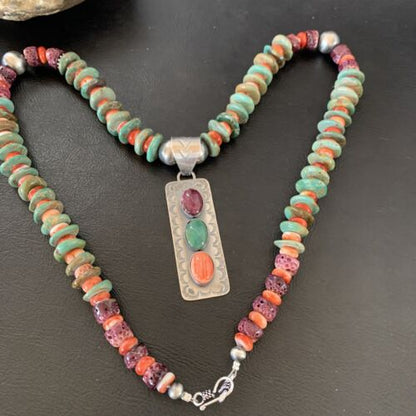 Navajo Royston Turquoise & Red Spiny Oyster Necklace Pendant | Authentic Native American Sterling Silver | Multi-Stone | 11761