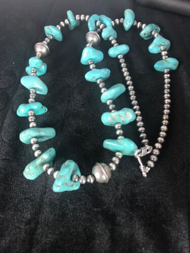 Southwestern | Santo Domingo Kingman Turquoise Bead Necklace | Authentic Native American Handmade | 26" | Quinta 8348