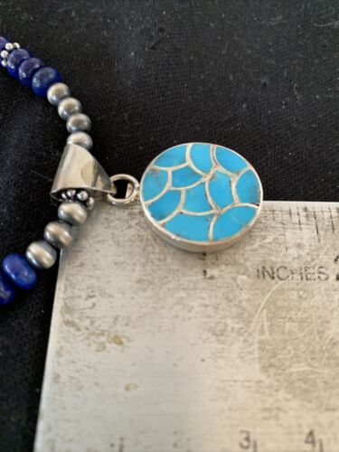 Navajo Sterling Silver Lapis Blue Turquoise Inlay Pendant Necklace | Authentic Native American Handmade | 1172